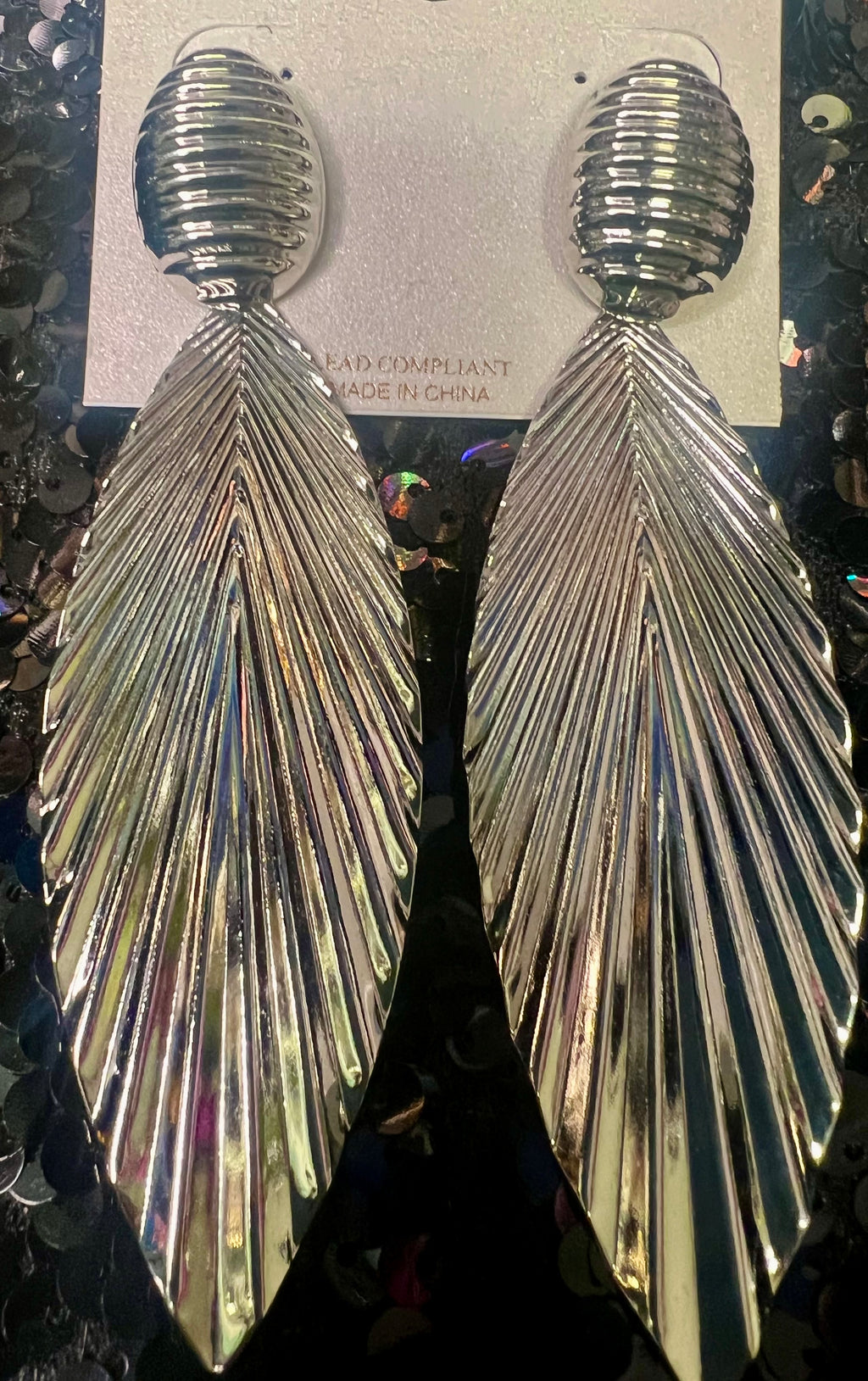Long Silver Leaf Statement Earrings