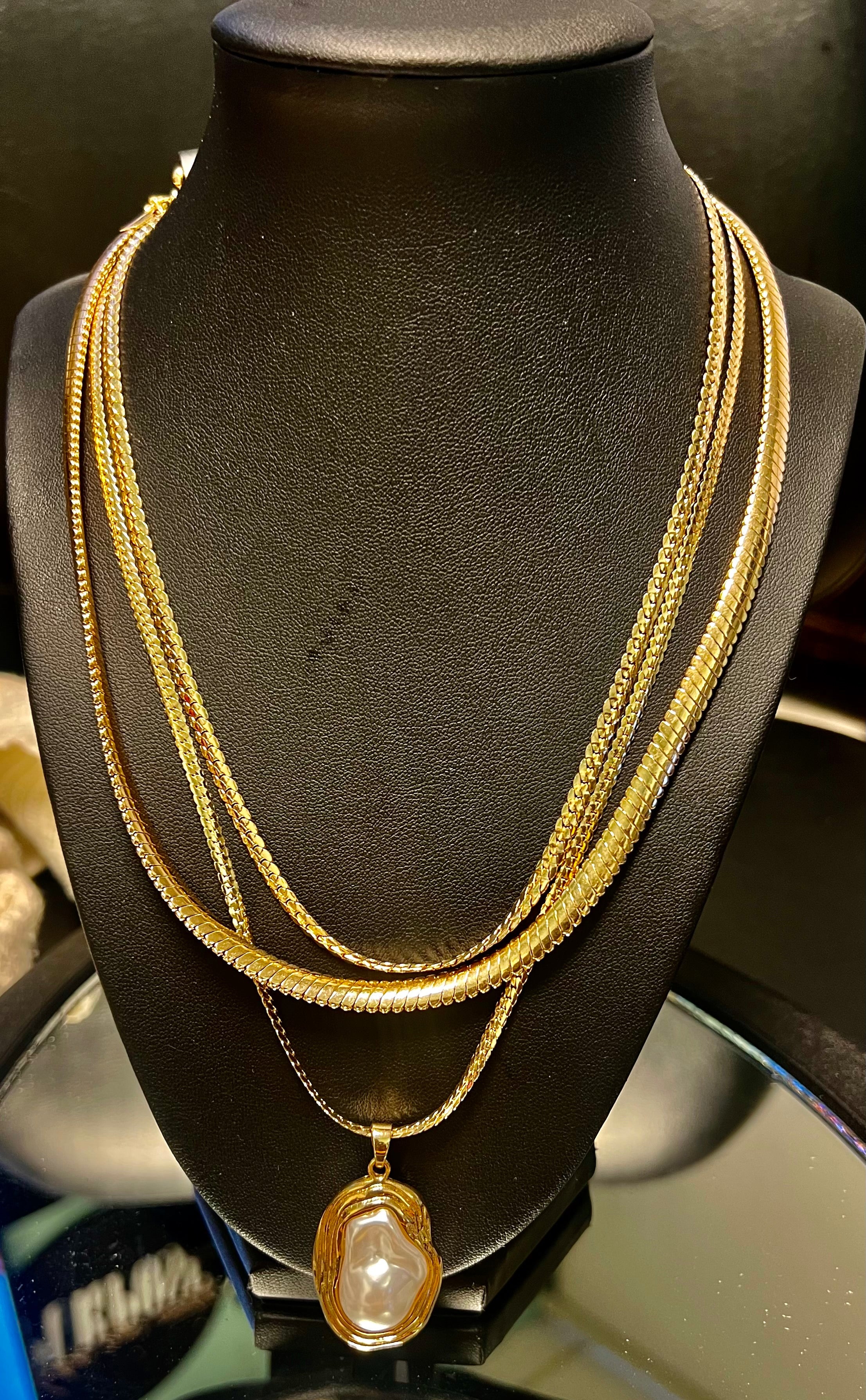 Gold 3 Herringbone Chain with a Pearl Pendant