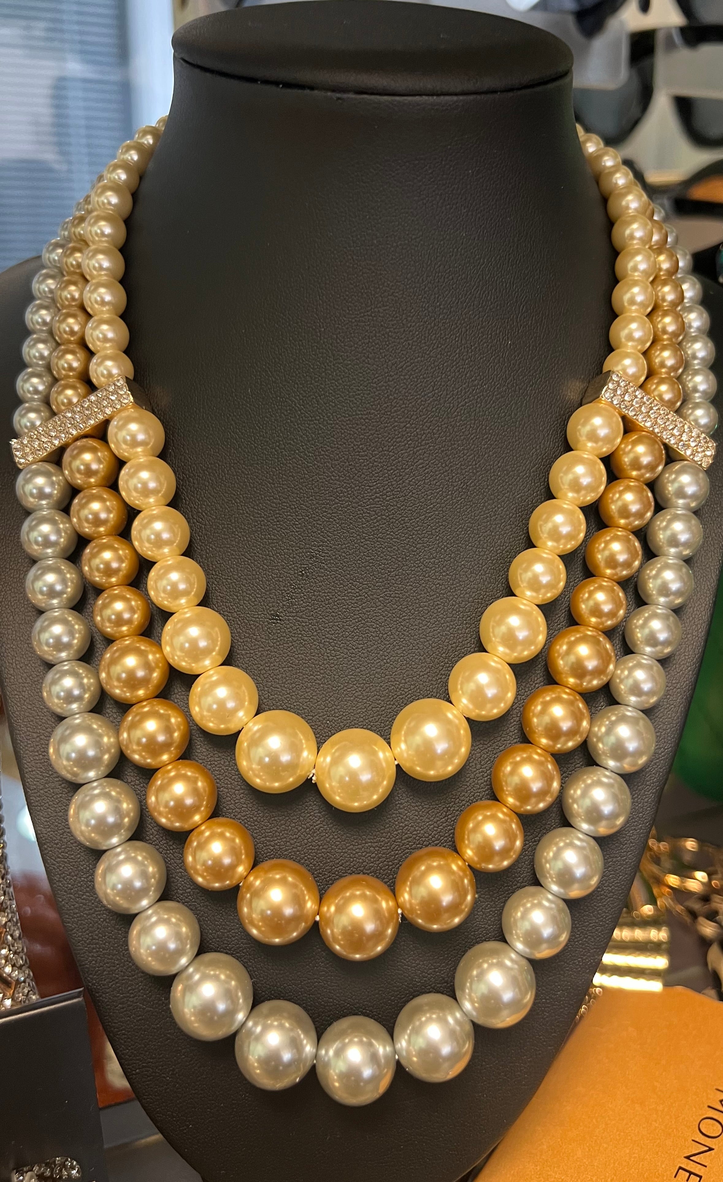 Pearl 3Row Statement Necklace  (Grey,Gold,Beige)
